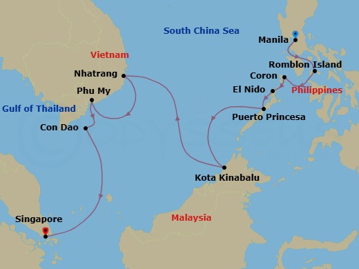 13 Night - The Coral Triangle : Vietnam & Philippines - Atlas Adventurer - Starting in Manila, Romblon Island, Coron (Palawan), El Nido (Palawan), Puerto Princesa (Palawan), Kota Kinabalu (Borneo), South China Sea Scenic Navigation, Nha Trang, Phu My (Ho Chi Minh City), Con Dao, South China Sea Scenic Navigation, Singapore itinerary map