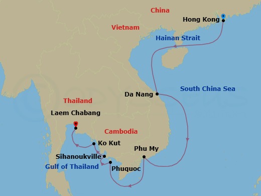 13 Night - South China Sojourn : Vietnam, Philippines & Thailand - Atlas Adventurer - Starting in Hong Kong, Hainan Strait Scenic Navigation, Ha Long Bay (Hanoi), Da Nang (Hue), South China Sea Scenic Navigation, Phu My (Ho Chi Minh City), Cruising the Gulf of Thailand, Phu Quoc Island, Sihanoukville, Koh Kood, Laem Chabang (Bangkok) itinerary map