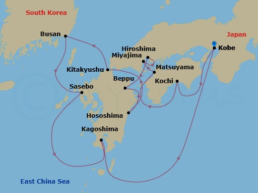12 Night - Shinto Shores & Samurai Legacies : Japan (Inaugural Voyage) - Atlas Adventurer - Starting in Kobe (Osaka), Kochi, Matsuyama, Miyajima Island, Hiroshima, Beppu, Hososhima (Hyuga), Ushibuka, Moji (Kitakyushu), Busan, Sasebo, Kagoshima, Coast of Japan Scenic Navigation, Kobe (Osaka) itinerary map
