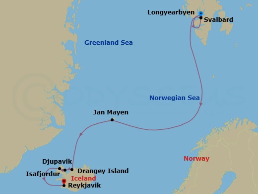 10 Night - Longyearbyen to Reykjavik - World Navigator - Starting in Longyearbyen, Svalbard, Exploring Svalbard / Captains Choice, Greenland Sea Scenic Navigation, Jan Mayen Island / Captains Choice, Crossing the Arctic Circle / Captains Choice, Drangey Island, Iceland / Captains Choice, Djupavik, Iceland / Captains Choice, Dynjandi, Iceland / Captains Choice, Reykjavik itinerary map