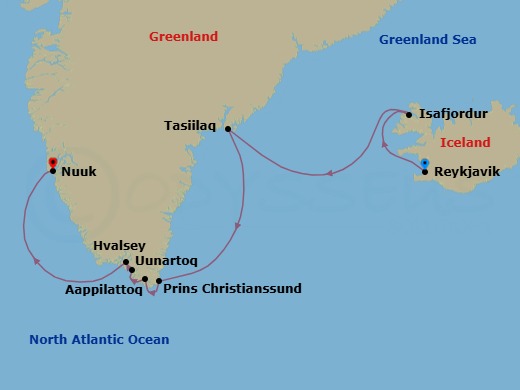10 Night - Reykjavik to Nuuk - World Navigator - Starting in Reykjavik, Dynjandi, Iceland / Captains Choice, The Denmark Strait, Tasiilaq / Captains Choice, Sermilik Fjord Scenic Navigation, King Frederick VI Coast Scenic Navigation, Lindenow Fjord Scenic Navigation, Prince Christian Sound / Captains Choice, Kangerlua Fjord Scenic Navigation, Tupaasattat, Greenland / Captains Choice, Aappilattoq, Greenland / Captains Choice, Uunartoq Hot Springs, Greenland / Captains Choice, Tasermiut Fjord Scenic Navigation, Hvalsey, Greenland / Captains Choice, Nuuk, Greenland itinerary map