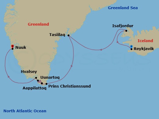 10 Night - Reykjavik to Nuuk - World Navigator - Starting in Reykjavik, Dynjandi, Iceland / Captains Choice, The Denmark Strait, Sermilik Fjord Scenic Navigation, Tasiilaq / Captains Choice, King Frederick VI Coast Scenic Navigation, Lindenow Fjord Scenic Navigation, Prince Christian Sound / Captains Choice, Kangerlua Fjord Scenic Navigation, Tupaasattat, Greenland / Captains Choice, Tasermiut Fjord Scenic Navigation, Uunartoq Hot Springs, Greenland / Captains Choice, Aappilattoq, Greenland / Captains Choice, Hvalsey, Greenland / Captains Choice, Nuuk, Greenland itinerary map