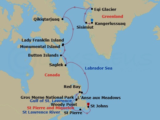 17 Night - Kangerlussuaq to St. Johns - World Navigator - Starting in Kangerlussuaq, Crossing the Arctic Circle / Captains Choice, Sisimiut, Eqi Glacier (Disko Bay) Captains Choice, Disko Bay / Captains Choice, Qikiqtarjuaq, Nunavut / Captains Choice, Lady Franklin Island, Nunavut / Captains Choice, Monumental Island, Nunavut / Captains Choice, Button Islands, Nunavut / Captains Choice, Saglek Fjord, Torngat Mountains National Park, Hebron, Newfoundland and Labrador / Captains Choice, Tikkoatokak Bay, Canada / Captains Choice, LAnse aux Meadows, Newfoundland, Canada, Red Bay (Labrador) Captains Choice, Norris Point, Newfoundland, Canada / Captains Choice, Woody Point, Gros Morne National Park, Canada, Sainte-Pierre, Saint Pierre and Miquelon, St Johns NF, Newfoundland itinerary map