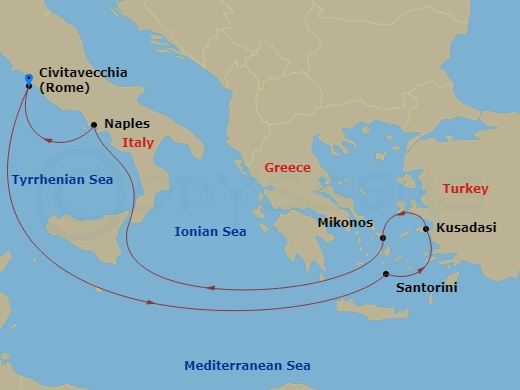 7 Night - Greek Isles Cruise - Odyssey of the Seas - Starting in Rome (Civitavecchia), Italy, Santorini, Greece, Ephesus (Kusadasi), Turkey, Mykonos, Greece, Naples, Italy, Rome (Civitavecchia), Italy itinerary map
