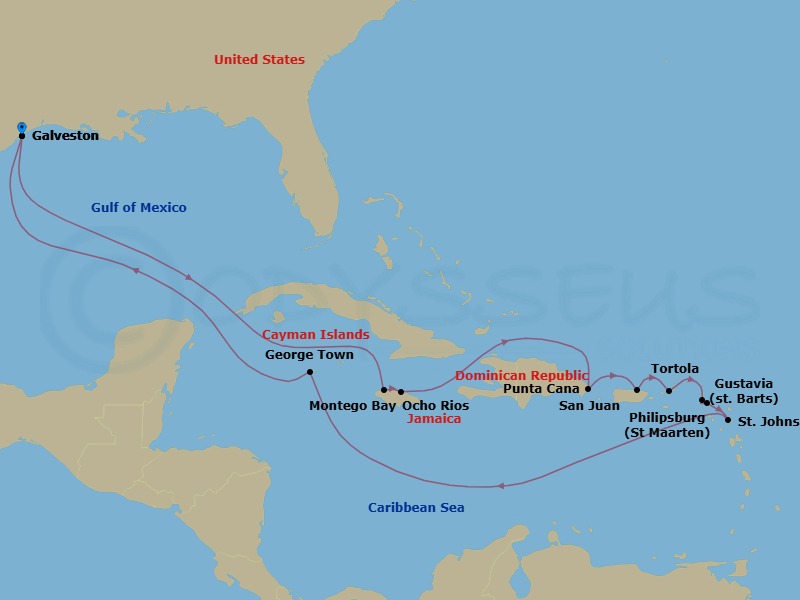 17 Night - Tropical Sparkle & Holiday Cheer - Seven Seas Splendor - Starting in Houston (Galveston), Cruising the Gulf, Cruising the Caribbean Sea, Montego Bay, Ocho Rios, Jamaica, Cruising the Caribbean Sea, Punta Cana, San Juan, Tortola, Philipsburg, Gustavia, St Johns, Cruising the Caribbean Sea, George Town, Cruising the Gulf, Houston (Galveston) itinerary map