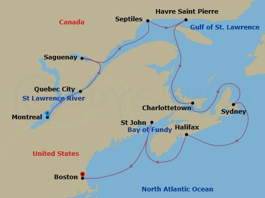 11 Night - Colors of Cape Breton Island - Seven Seas Splendor - Starting in Montreal, Quebec City, Saguenay, Sept-Iles, Havre-Saint-Pierre, Cruising the Gulf of St Lawrence, Charlottetown, Sydney NS, Halifax, Saint John NB (Bay of Fundy), Boston itinerary map