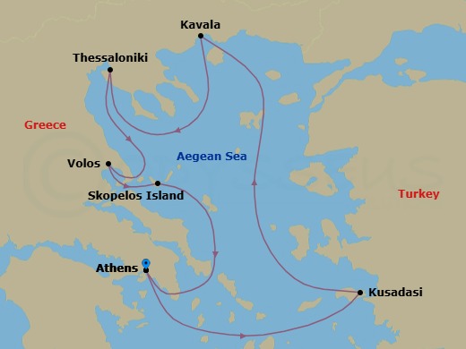 8 Night - Postcards from Northern Greece - Star Legend - Starting in Piraeus, Athens, Kusadasi, Kavala, Thessaloniki, Volos, Skopelos, Piraeus, Athens itinerary map