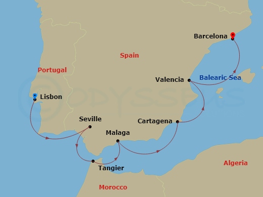 8 Night - Moroccan Markets & Iberian Icons - Star Legend - Starting in Lisbon, Cruising Guadalquivir River, Seville, Tangier, Malaga, Cartagena ES, Valencia, Barcelona itinerary map