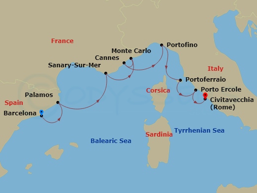 8 Night - Yachtsman's Harbors of the Rivieras - Star Legend - Starting in Barcelona, Palamos, Sanary-sur-mer, Monte Carlo, Cannes, Portofino, Portoferraio, Porto Ercole, Civitavecchia, Rome itinerary map