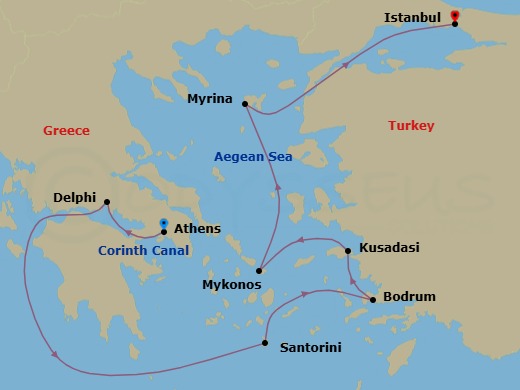 8 Night - Aegean Sea Odyssey via the Corinth Canal - Star Legend - Starting in Piraeus, Athens, Cruising the Corinth Canal, Itea, Delphi, Santorini, Bodrum, Kusadasi, Mykonos, Myrina / Lemnos, Istanbul itinerary map