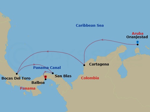 8 Night - Panama Canal, Cartagena, San Blas Islands & More - Star Legend - Starting in Oranjestad, Aruba, Cartagena CO, Bocas del Toro, San Blas Islands, Panama, Panama Canal Transit, Fuerte Amador, Panama City itinerary map