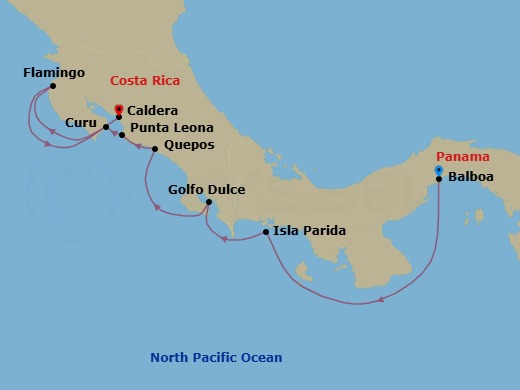 8 Night - Naturally Costa Rica - Star Legend - Starting in Fuerte Amador, Panama City, Isla Partida, Puerto Jimenez, Golfo Dulce, Quepos, Manuel Antonio National Park, Punta Leona, Curu, Playa Flamingo, Puerto Caldera, San Jose itinerary map