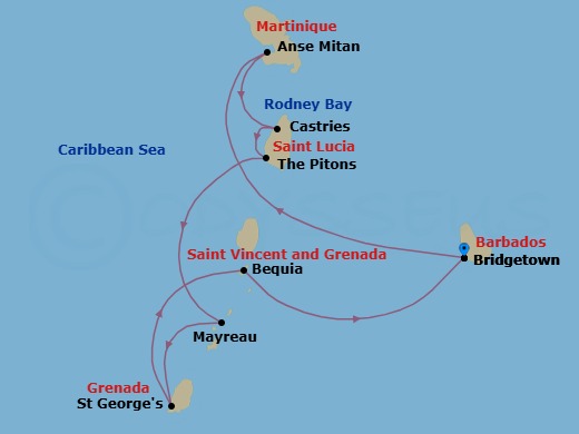 7 Night - Jewels of the Windward Islands - Star Legend - Starting in Bridgetown, Barbados, Anse Mitan, Martinique, Rodney Bay, Castries, St Lucia, Sunset Cruising Pitons, Mayreau, St Georges, Grenada, Bequia, Bridgetown, Barbados itinerary map