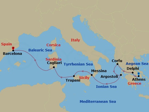 8 Night - A Piece of Greece, a Slice of Sicily and the Corinth Canal - Star Legend - Starting in Piraeus, Athens, Cruising the Corinth Canal, Itea, Delphi, Corfu, Argostoli, Cephalonia, Messina, Taormina, Trapani, Cagliari, Sardinia, Barcelona itinerary map
