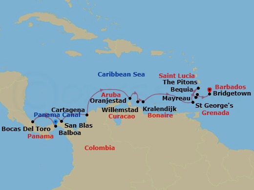 14 Night - Star Collector : Windward Islands & Spanish New World - Star Legend - Starting in Fuerte Amador, Panama City, Panama Canal Transit, Bocas del Toro, San Blas Islands, Panama, Cartagena CO, Oranjestad, Aruba, Willemstad AN, Curacao, Kralendijk, Bonaire, St Georges, Grenada, Rodney Bay, Sunset Cruising Pitons, Mayreau, Bequia, Bridgetown, Barbados itinerary map