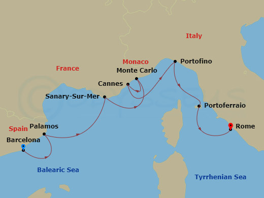 7 Night - Yachtsman's Harbors of the Rivieras - Star Legend - Starting in Barcelona, Palamos, Sanary-sur-mer, Monte Carlo, Cannes, Portofino, Portoferraio, Civitavecchia, Rome itinerary map