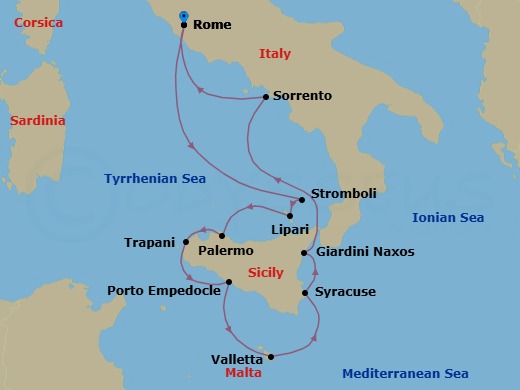 10 Night - Sicilian Splendors - Star Legend - Starting in Civitavecchia, Rome, Scenic Cruise Stromboli, Lipari, Palermo, Trapani, Porto Empedocle, Agrigento, Valletta, Syracuse IT, Sicily, Giardini Naxos, Taormina, Transit Strait of Messina, Sorrento, Civitavecchia, Rome itinerary map