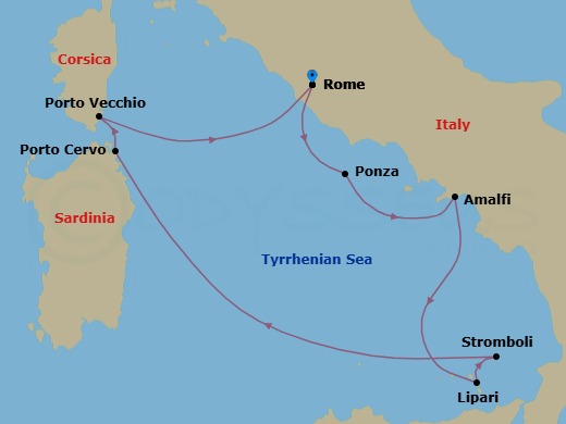 7 Night - Italy and the Allure of the Aeolian Islands - Star Legend - Starting in Civitavecchia, Rome, Ponza, Amalfi, Lipari, Scenic Cruise Stromboli, Porto Cervo, Porto Vecchio, Civitavecchia, Rome itinerary map