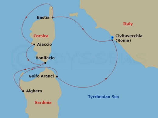 6 Night - Treasure Troves of Corsica & Sardinia - Star Legend - Starting in Civitavecchia, Rome, Bastia, Ajaccio, Bonifacio, Alghero, Golfo Aranci, Sardinia, Civitavecchia, Rome itinerary map