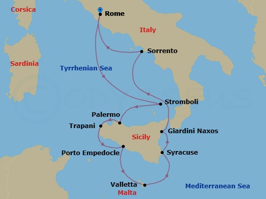 9 Night - Sicilian Splendors - Star Legend - Starting in Civitavecchia, Rome, Scenic Cruise Stromboli, Palermo, Trapani, Porto Empedocle, Agrigento, Valletta, Syracuse IT, Sicily, Giardini Naxos, Taormina, Transit Strait of Messina, Sorrento, Civitavecchia, Rome itinerary map