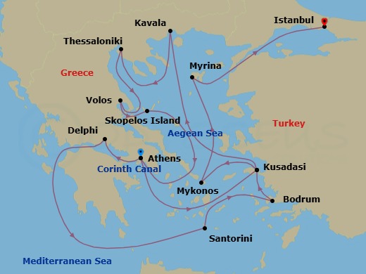 16 Night - Star Collector : Eternal Greece - Star Legend - Starting in Piraeus, Athens, Kusadasi, Kavala, Thessaloniki, Volos, Skopelos, Piraeus, Athens, Cruising the Corinth Canal, Itea, Delphi, Santorini, Bodrum, Kusadasi, Mykonos, Myrina / Lemnos, Istanbul itinerary map