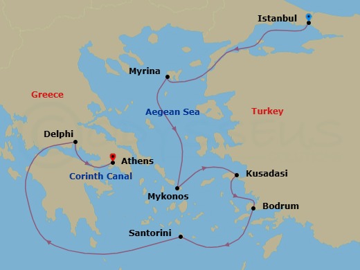 8 Night - Aegean Sea Odyssey via the Corinth Canal - Star Legend - Starting in Istanbul, Myrina / Lemnos, Mykonos, Kusadasi, Bodrum, Santorini, Itea, Delphi, Cruising the Corinth Canal, Piraeus, Athens itinerary map