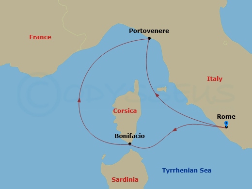 3 Night - Quick Getaways : La Dolce Vita in Italy & France - Star Legend - Starting in Civitavecchia, Rome, Porto Venere, Bonifacio, Civitavecchia, Rome itinerary map