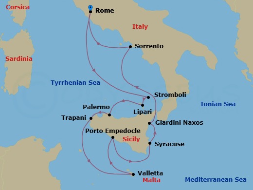 10 Night - Sicilian Splendors - Star Legend - Starting in Civitavecchia, Rome, Scenic Cruise Stromboli, Lipari, Palermo, Trapani, Valletta, Porto Empedocle, Agrigento, Syracuse IT, Sicily, Giardini Naxos, Taormina, Transit Strait of Messina, Sorrento, Civitavecchia, Rome itinerary map