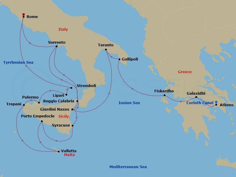 18 Night - Star Collector : Songs of Sicily & Southern Italy via the Corinth Canal - Star Legend - Starting in Piraeus, Athens, Cruising the Corinth Canal, Galaxidi, Delphi, Fiskardo, Cephalonia, Gallipoli, Taranto, Giardini Naxos, Taormina, Reggio di Calabria, Sorrento, Civitavecchia, Rome, Scenic Cruise Stromboli, Lipari, Palermo, Trapani, Valletta, Porto Empedocle, Agrigento, Syracuse IT, Sicily, Giardini Naxos, Taormina, Transit Strait of Messina, Sorrento, Civitavecchia, Rome itinerary map