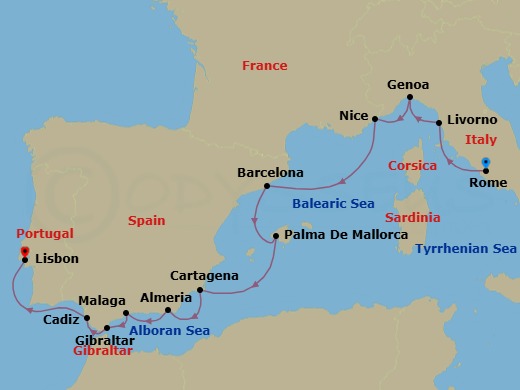 15 Night - Star Collector : Iberian Charm, Italian Elegance & Riviera Nights - Star Legend - Starting in Civitavecchia, Rome, Livorno, Genoa, Nice, Barcelona, Palma De Mallorca, Cartagena ES, Almeria, Granada, Malaga, Gibraltar, Cadiz, Lisbon itinerary map