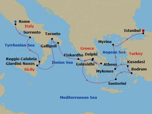 16 Night - Star Collector : Wonders of Southern Italy, Greece & Turkiye via the Corinth Canal - Star Legend - Starting in Civitavecchia, Rome, Sorrento, Reggio di Calabria, Giardini Naxos, Taormina, Taranto, Gallipoli, Fiskardo, Cephalonia, Galaxidi, Delphi, Cruising the Corinth Canal, Piraeus, Athens, Cruising the Corinth Canal, Itea, Delphi, Santorini, Bodrum, Kusadasi, Mykonos, Myrina / Lemnos, Istanbul itinerary map