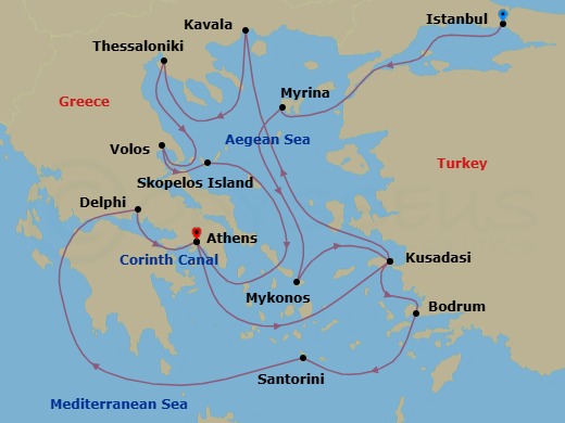 16 Night - Star Collector : Eternal Greece - Star Legend - Starting in Istanbul, Myrina / Lemnos, Mykonos, Kusadasi, Bodrum, Santorini, Itea, Delphi, Cruising the Corinth Canal, Piraeus, Athens, Kusadasi, Kavala, Thessaloniki, Volos, Skopelos, Piraeus, Athens itinerary map