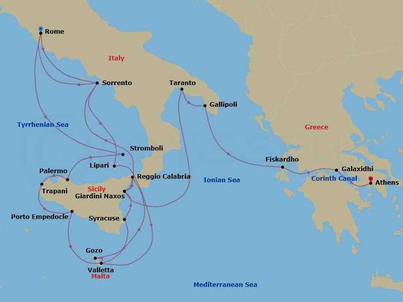 20 Night - Star Collector : Songs of Sicily & Southern Italy via the Corinth Canal - Star Legend - Starting in Civitavecchia, Rome, Scenic Cruise Stromboli, Palermo, Trapani, Porto Empedocle, Agrigento, Valletta, Syracuse IT, Sicily, Giardini Naxos, Taormina, Transit Strait of Messina, Sorrento, Civitavecchia, Rome, Sorrento, Lipari, Transit Strait of Messina, Valletta, Gozo, Mgarr, Reggio di Calabria, Giardini Naxos, Taormina, Taranto, Gallipoli, Fiskardo, Cephalonia, Galaxidi, Delphi, Cruising the Corinth Canal, Piraeus, Athens itinerary map