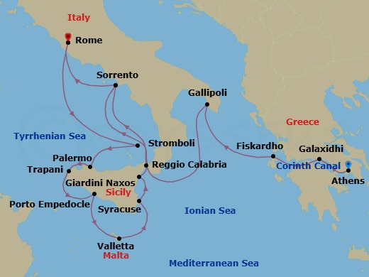 15 Night - Star Collector : Songs of Sicily & Southern Italy via the Corinth Canal - Star Legend - Starting in Piraeus, Athens, Cruising the Corinth Canal, Galaxidi, Delphi, Fiskardo, Cephalonia, Gallipoli, Reggio di Calabria, Sorrento, Civitavecchia, Rome, Scenic Cruise Stromboli, Palermo, Trapani, Porto Empedocle, Agrigento, Valletta, Syracuse IT, Sicily, Giardini Naxos, Taormina, Transit Strait of Messina, Sorrento, Civitavecchia, Rome itinerary map