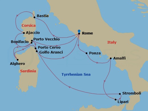 13 Night - Star Collector : Corsica, Sardinia & Amalfi Memories - Star Legend - Starting in Civitavecchia, Rome, Bastia, Ajaccio, Bonifacio, Alghero, Golfo Aranci, Sardinia, Civitavecchia, Rome, Ponza, Amalfi, Lipari, Scenic Cruise Stromboli, Porto Cervo, Porto Vecchio, Civitavecchia, Rome itinerary map
