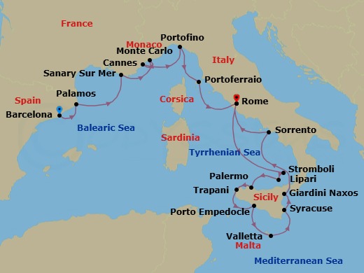 17 Night - Star Collector : Cruising On the Rivieras - Star Legend - Starting in Barcelona, Palamos, Sanary-sur-mer, Monte Carlo, Cannes, Portofino, Portoferraio, Civitavecchia, Rome, Scenic Cruise Stromboli, Lipari, Palermo, Trapani, Porto Empedocle, Agrigento, Valletta, Syracuse IT, Sicily, Giardini Naxos, Taormina, Transit Strait of Messina, Sorrento, Civitavecchia, Rome itinerary map