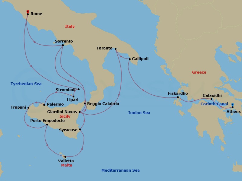 18 Night - Star Collector : Songs of Sicily & Southern Italy via the Corinth Canal - Star Legend - Starting in Piraeus, Athens, Cruising the Corinth Canal, Galaxidi, Delphi, Fiskardo, Cephalonia, Gallipoli, Taranto, Giardini Naxos, Taormina, Reggio di Calabria, Sorrento, Civitavecchia, Rome, Scenic Cruise Stromboli, Lipari, Palermo, Trapani, Porto Empedocle, Agrigento, Valletta, Syracuse IT, Sicily, Giardini Naxos, Taormina, Transit Strait of Messina, Sorrento, Civitavecchia, Rome itinerary map