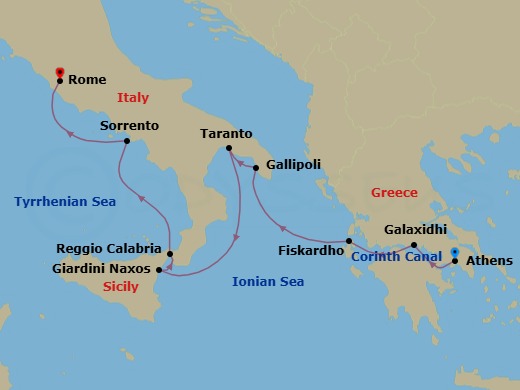 8 Night - Moments in Southern Italy & Greece via the Corinth Canal - Star Legend - Starting in Piraeus, Athens, Cruising the Corinth Canal, Galaxidi, Delphi, Fiskardo, Cephalonia, Gallipoli, Taranto, Giardini Naxos, Taormina, Reggio di Calabria, Sorrento, Civitavecchia, Rome itinerary map