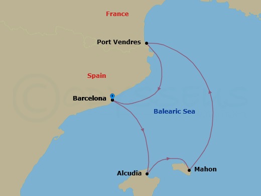 4 Night - Quick Getaways : Balearic Islands and Port Vendres Escape - Star Legend - Starting in Barcelona, Alcudia, Mallorca, Mahon, Port Vendres, Barcelona itinerary map