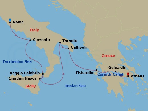 8 Night - Moments in Southern Italy & Greece via the Corinth Canal - Star Legend - Starting in Civitavecchia, Rome, Sorrento, Reggio di Calabria, Giardini Naxos, Taormina, Taranto, Gallipoli, Fiskardo, Cephalonia, Galaxidi, Delphi, Cruising the Corinth Canal, Piraeus, Athens itinerary map