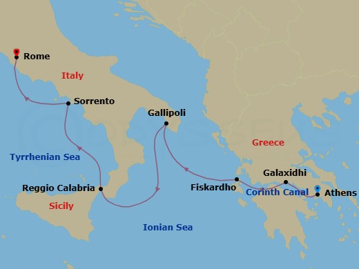 6 Night - Moments in Southern Italy & Greece via the Corinth Canal - Star Legend - Starting in Piraeus, Athens, Cruising the Corinth Canal, Galaxidi, Delphi, Fiskardo, Cephalonia, Gallipoli, Reggio di Calabria, Sorrento, Civitavecchia, Rome itinerary map
