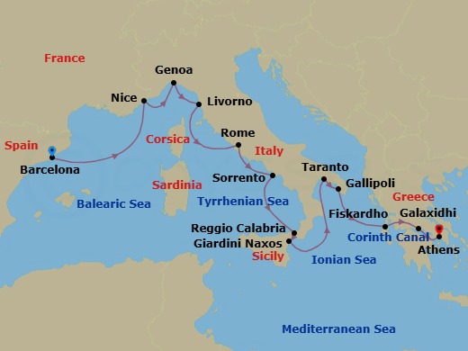 15 Night - Star Collector : Riviera Nights, Aegean Sunsets via the Corinth Canal - Star Legend - Starting in Barcelona, Nice, Genoa, Livorno, Civitavecchia, Rome, Sorrento, Reggio di Calabria, Giardini Naxos, Taormina, Taranto, Gallipoli, Fiskardo, Cephalonia, Galaxidi, Delphi, Cruising the Corinth Canal, Piraeus, Athens itinerary map