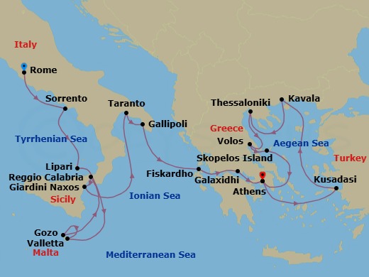 19 Night - Star Collector : Southern Italy & Northern Greece Odyssey - Star Legend - Starting in Civitavecchia, Rome, Sorrento, Lipari, Transit Strait of Messina, Valletta, Gozo, Mgarr, Reggio di Calabria, Giardini Naxos, Taormina, Taranto, Gallipoli, Fiskardo, Cephalonia, Galaxidi, Delphi, Cruising the Corinth Canal, Piraeus, Athens, Kusadasi, Kavala, Thessaloniki, Volos, Skopelos, Piraeus, Athens itinerary map