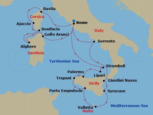 16 Night - Star Collector : Islands of a Mediterranean Summer : Sicily, Sardinia, & Corsica - Star Legend - Starting in Civitavecchia, Rome, Scenic Cruise Stromboli, Lipari, Palermo, Trapani, Porto Empedocle, Agrigento, Valletta, Syracuse IT, Sicily, Giardini Naxos, Taormina, Transit Strait of Messina, Sorrento, Civitavecchia, Rome, Bastia, Ajaccio, Bonifacio, Alghero, Golfo Aranci, Sardinia, Civitavecchia, Rome itinerary map