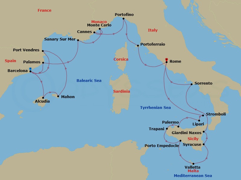 21 Night - Star Collector : Spectacular Spanish & Italian Coastlines Along the Riviera - Star Legend - Starting in Barcelona, Alcudia, Mallorca, Mahon, Port Vendres, Barcelona, Palamos, Sanary-sur-mer, Monte Carlo, Cannes, Portofino, Portoferraio, Civitavecchia, Rome, Scenic Cruise Stromboli, Lipari, Palermo, Trapani, Porto Empedocle, Agrigento, Valletta, Syracuse IT, Sicily, Giardini Naxos, Taormina, Transit Strait of Messina, Sorrento, Civitavecchia, Rome itinerary map