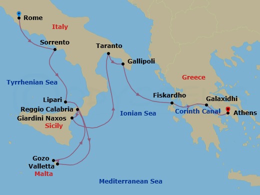 11 Night - Moments in Southern Italy & Greece via the Corinth Canal - Star Legend - Starting in Civitavecchia, Rome, Sorrento, Lipari, Transit Strait of Messina, Valletta, Gozo, Mgarr, Reggio di Calabria, Giardini Naxos, Taormina, Taranto, Gallipoli, Fiskardo, Cephalonia, Galaxidi, Delphi, Cruising the Corinth Canal, Piraeus, Athens itinerary map