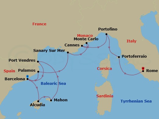11 Night - Yachtsman's Dreams of the Riviera - Star Legend - Starting in Barcelona, Alcudia, Mallorca, Mahon, Port Vendres, Barcelona, Palamos, Sanary-sur-mer, Monte Carlo, Cannes, Portofino, Portoferraio, Civitavecchia, Rome itinerary map