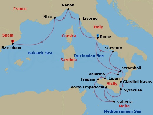 17 Night - Star Collector : Sicilian & Riviera Splendors - Star Legend - Starting in Civitavecchia, Rome, Scenic Cruise Stromboli, Lipari, Palermo, Trapani, Valletta, Porto Empedocle, Agrigento, Syracuse IT, Sicily, Giardini Naxos, Taormina, Transit Strait of Messina, Sorrento, Civitavecchia, Rome, Livorno, Genoa, Nice, Barcelona itinerary map