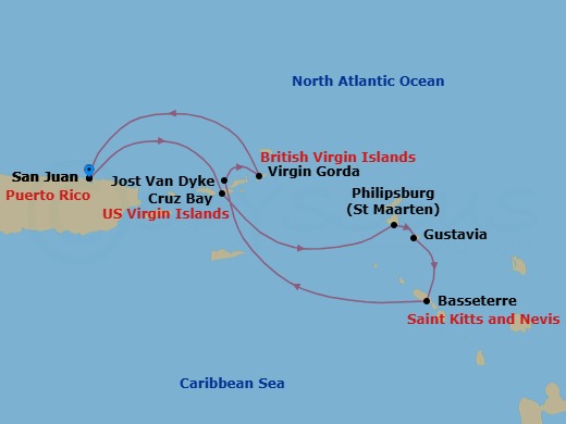 7 Night - San Juan & the Virgin Islands - Star Legend - Starting in San Juan, Cruz Bay, St John VI, Philipsburg, St Maarten, Gustavia, St Barthelemy, Basseterre, St Kitts, Great Harbour, Jost Van Dyke, Virgin Gorda / Prickly Pear, San Juan itinerary map