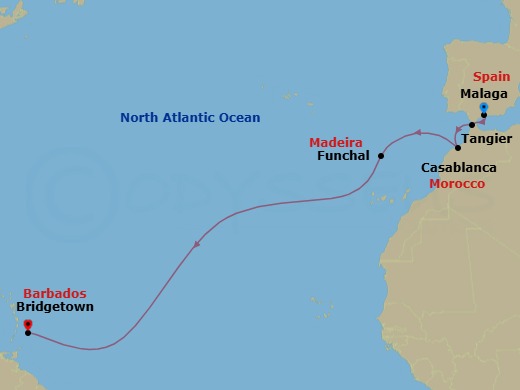 15 Night - Ocean Crossing - Star Legend - Starting in Malaga, Tangier, Casablanca, Funchal, Madeira, Bridgetown, Barbados itinerary map